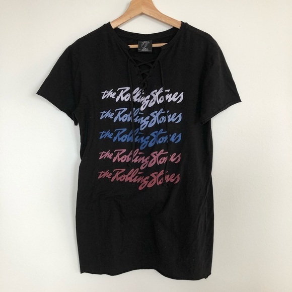 Rolling Stones black lace up neck detail rainbow logo tunic dress medium - Picture 2 of 6